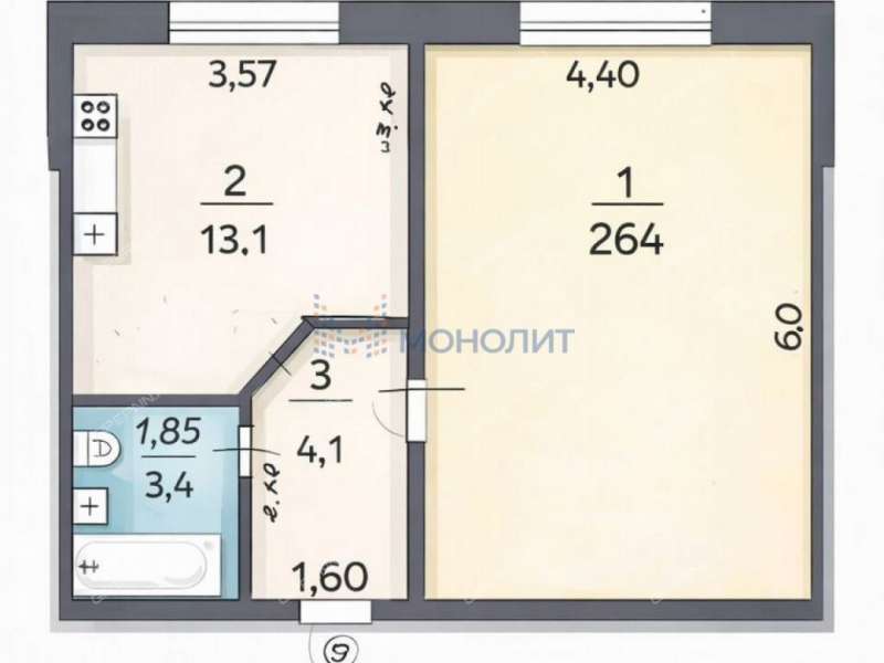 однокомнатная квартира на Большой Покровской улице дом 47Б