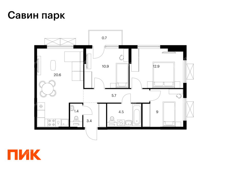 трёхкомнатная квартира в новостройке на улице Небесная дом 5 деревня Утечино